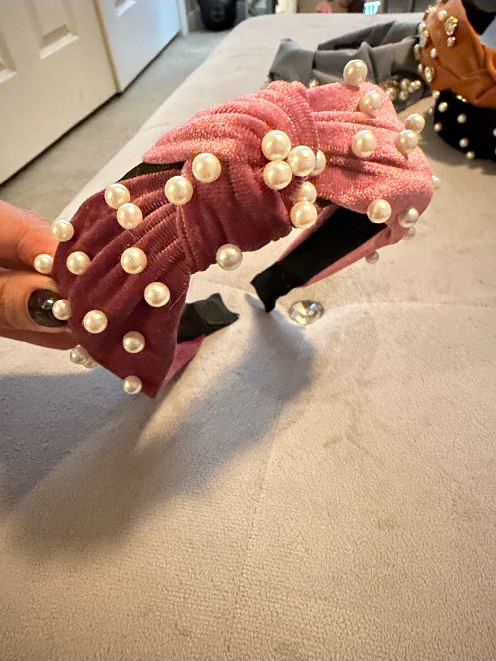 Pearl-Embellished Pink Velvet Headband - Women Accessories